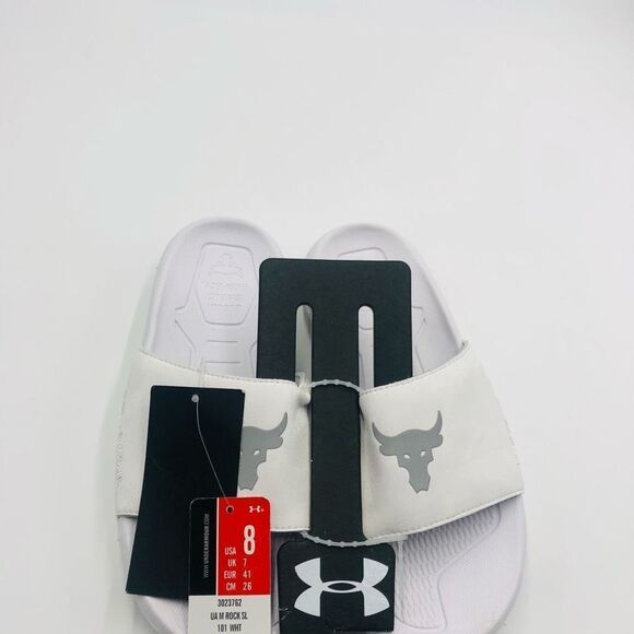 Brand New Under Armour Men\'s Project Rock Sideline White Slides Size 8 Flip Flop